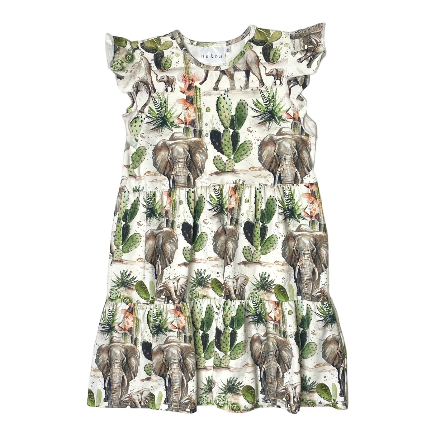 Nakoa frill dress, elephants| 140/146cm