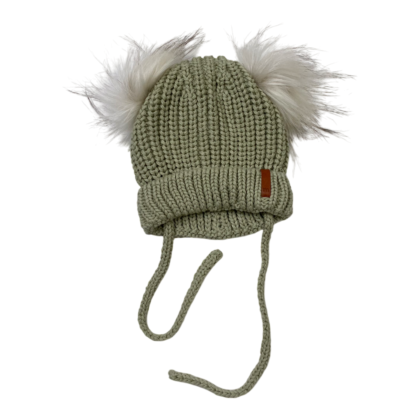 Metsola knitted cotton beanie with poms, tea green | 1-2y