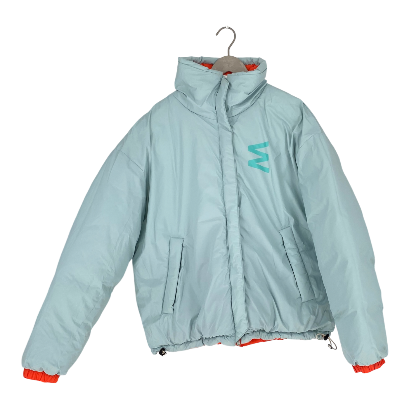 Embassy of Bricks and Logs kitchener down jacket, neon orange / sky blue | unisex L