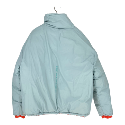 Embassy of Bricks and Logs kitchener down jacket, neon orange / sky blue | unisex L