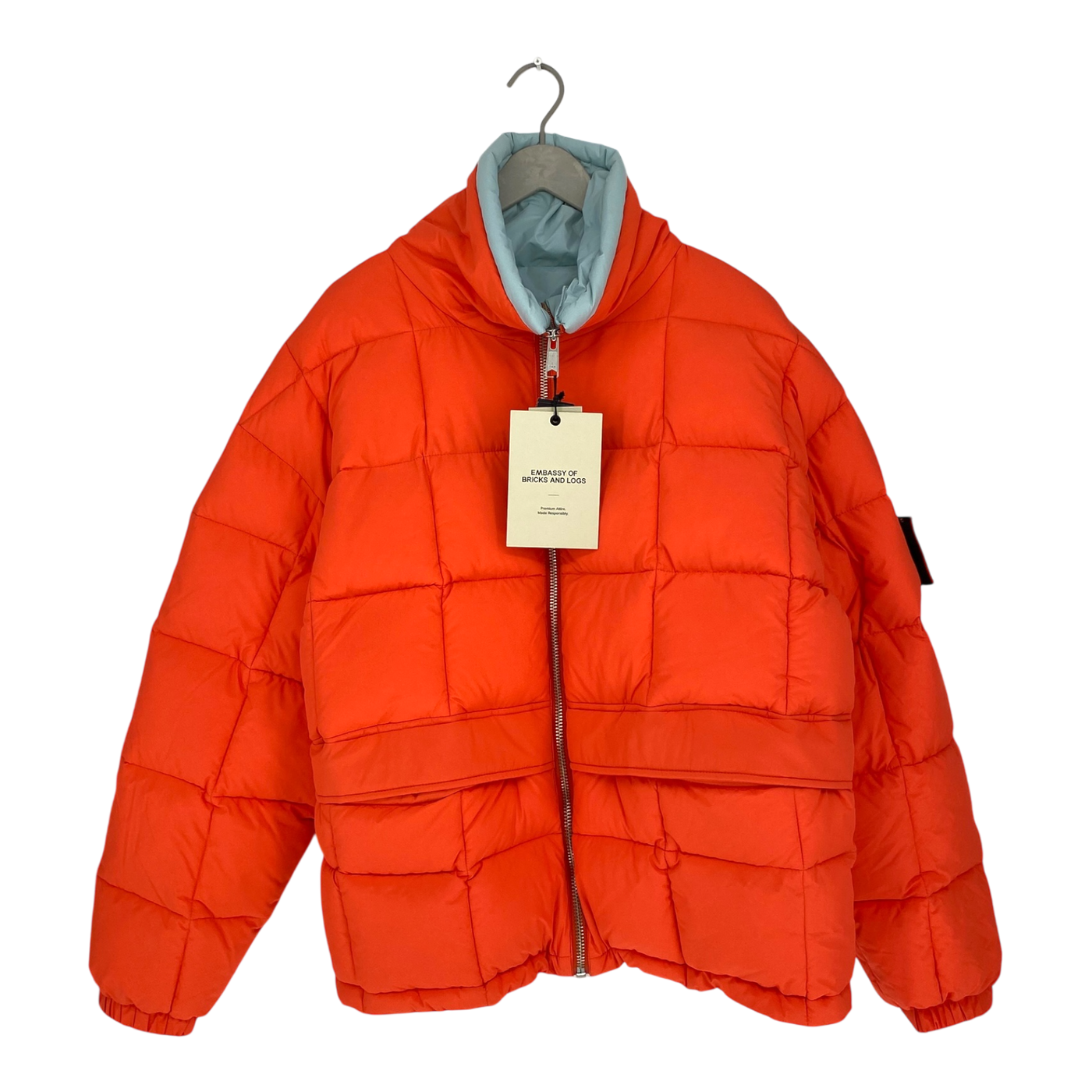 Embassy of Bricks and Logs kitchener down jacket, neon orange / sky blue | unisex L