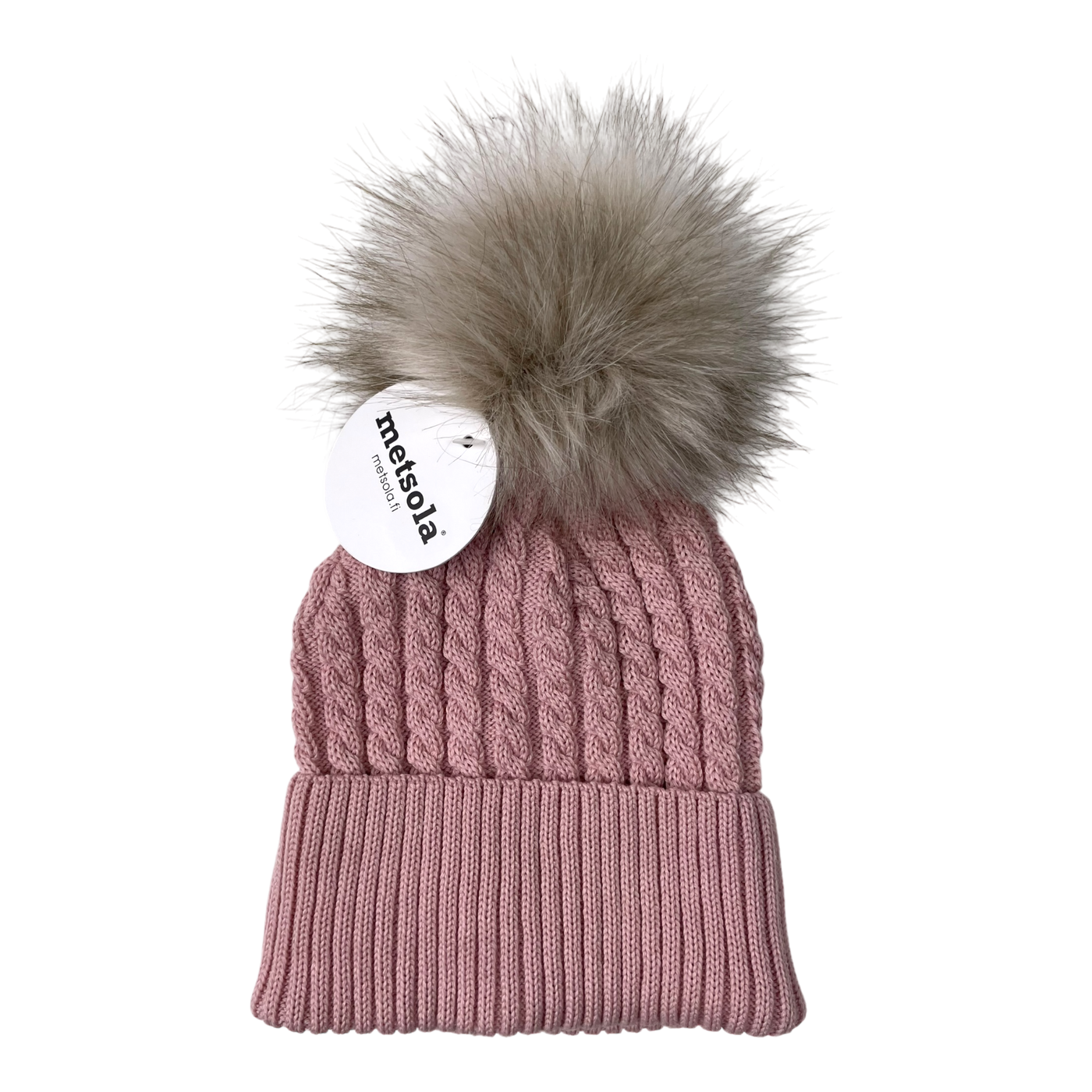 Metsola cable knit merino beanie with pom, pink | 5-6y