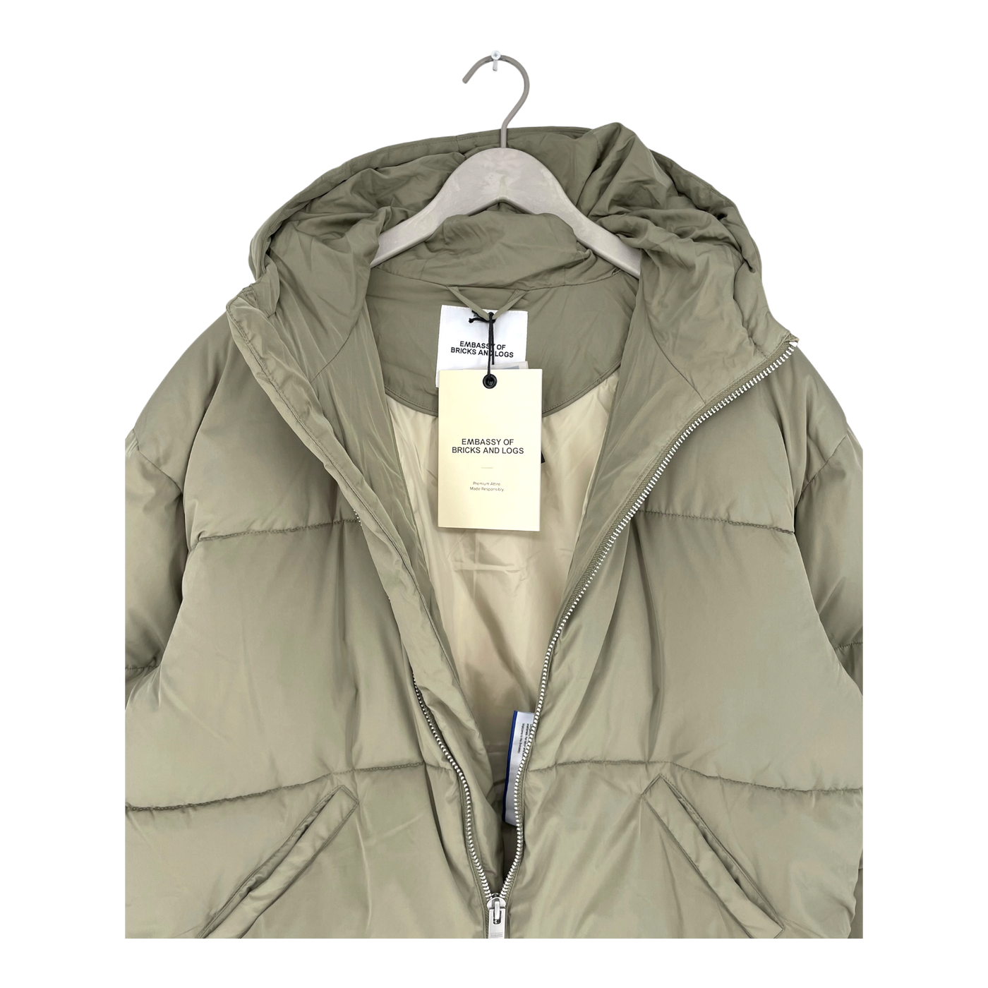 Embassy of Bricks and Logs elphin puffer jacket, pale olive | unisex S