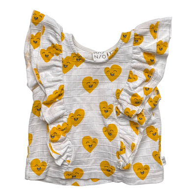 Mainio woven frill t-shirt, smiley hearts | 110/116cm