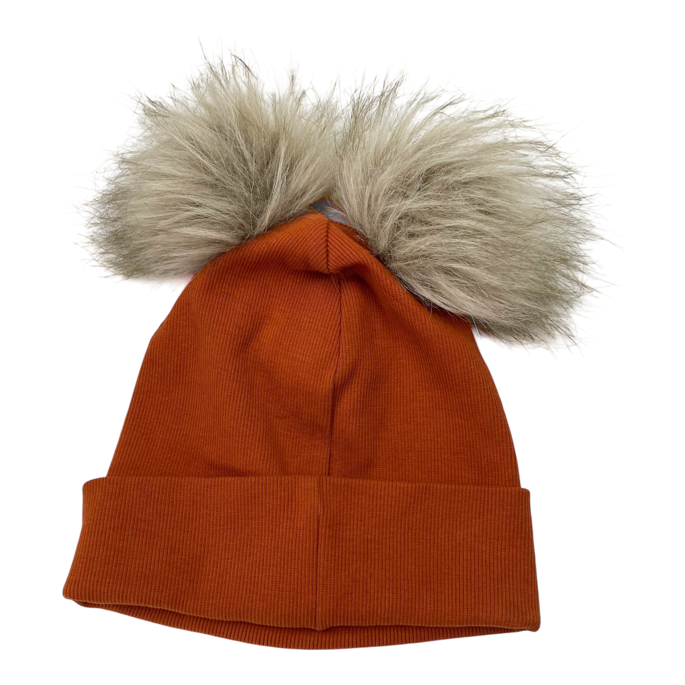 Metsola knitted cotton beanie with fur poms, mahogany | 1-2y