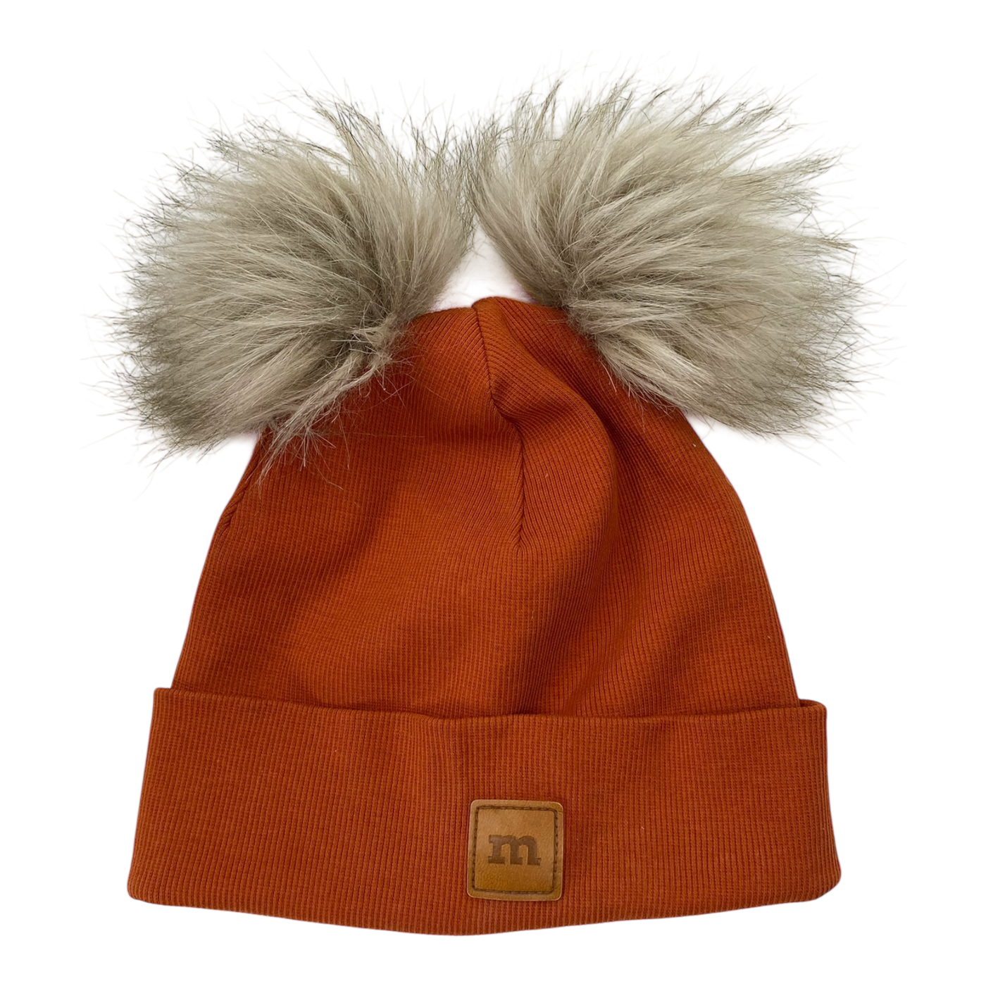 Metsola knitted cotton beanie with fur poms, mahogany | 1-2y