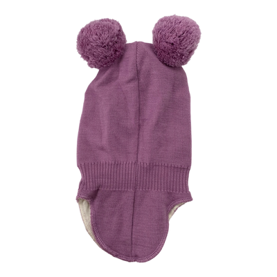 Metsola merino wool balaclava with poms, purple | 2-6m
