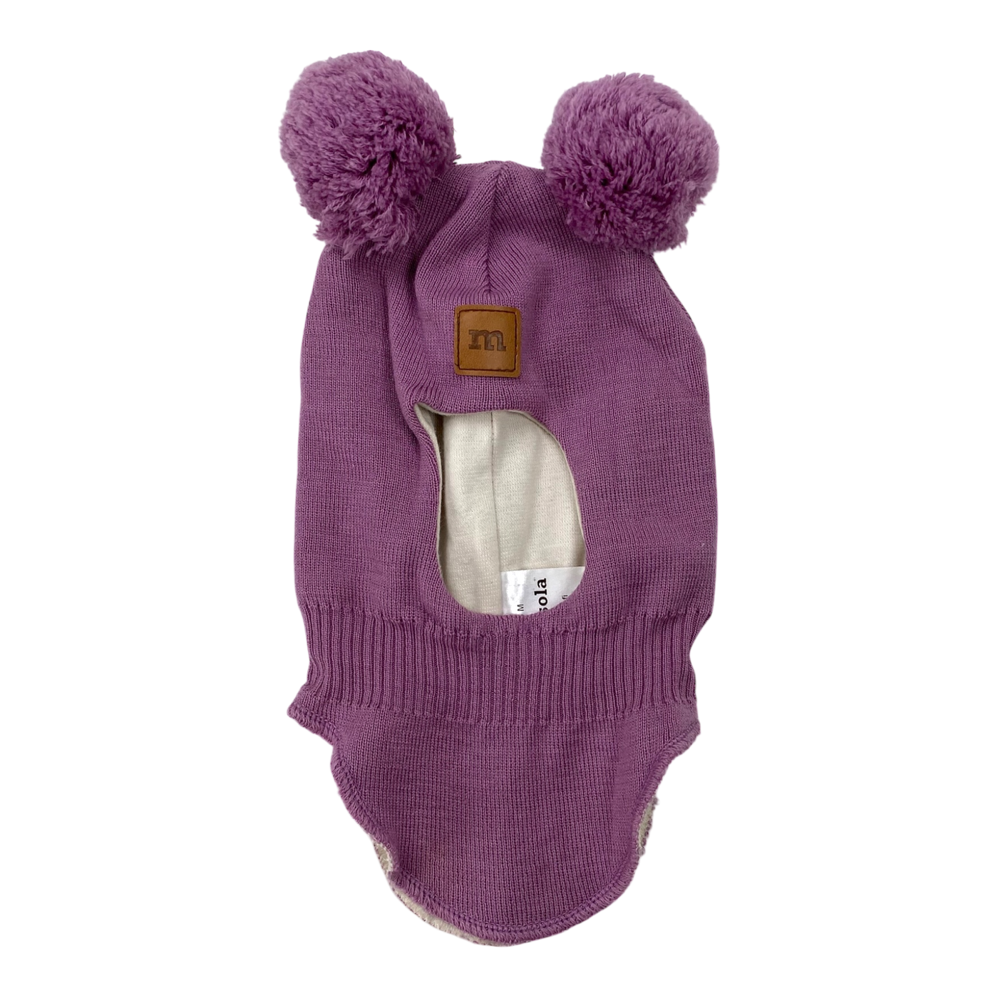 Metsola merino wool balaclava with poms, purple | 2-6m