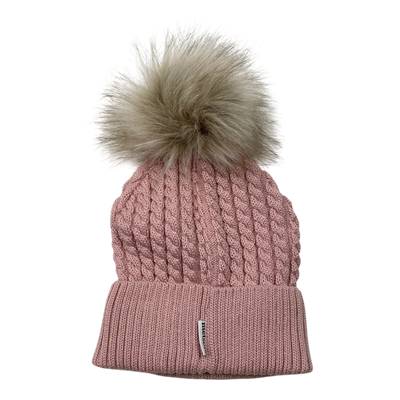 Metsola cable knit merino beanie with pom, pink | 7-8y