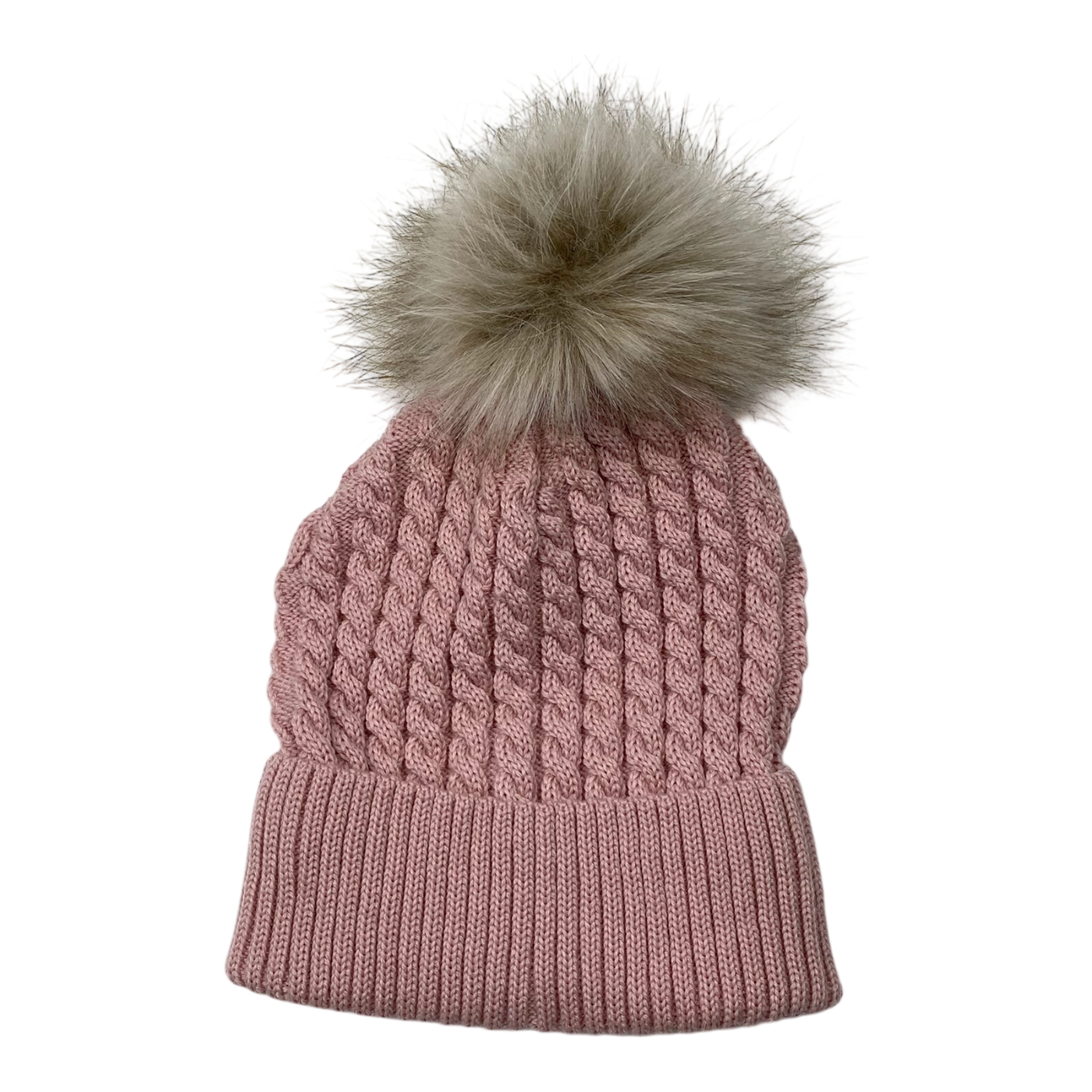 Metsola cable knit merino beanie with pom, pink | 7-8y
